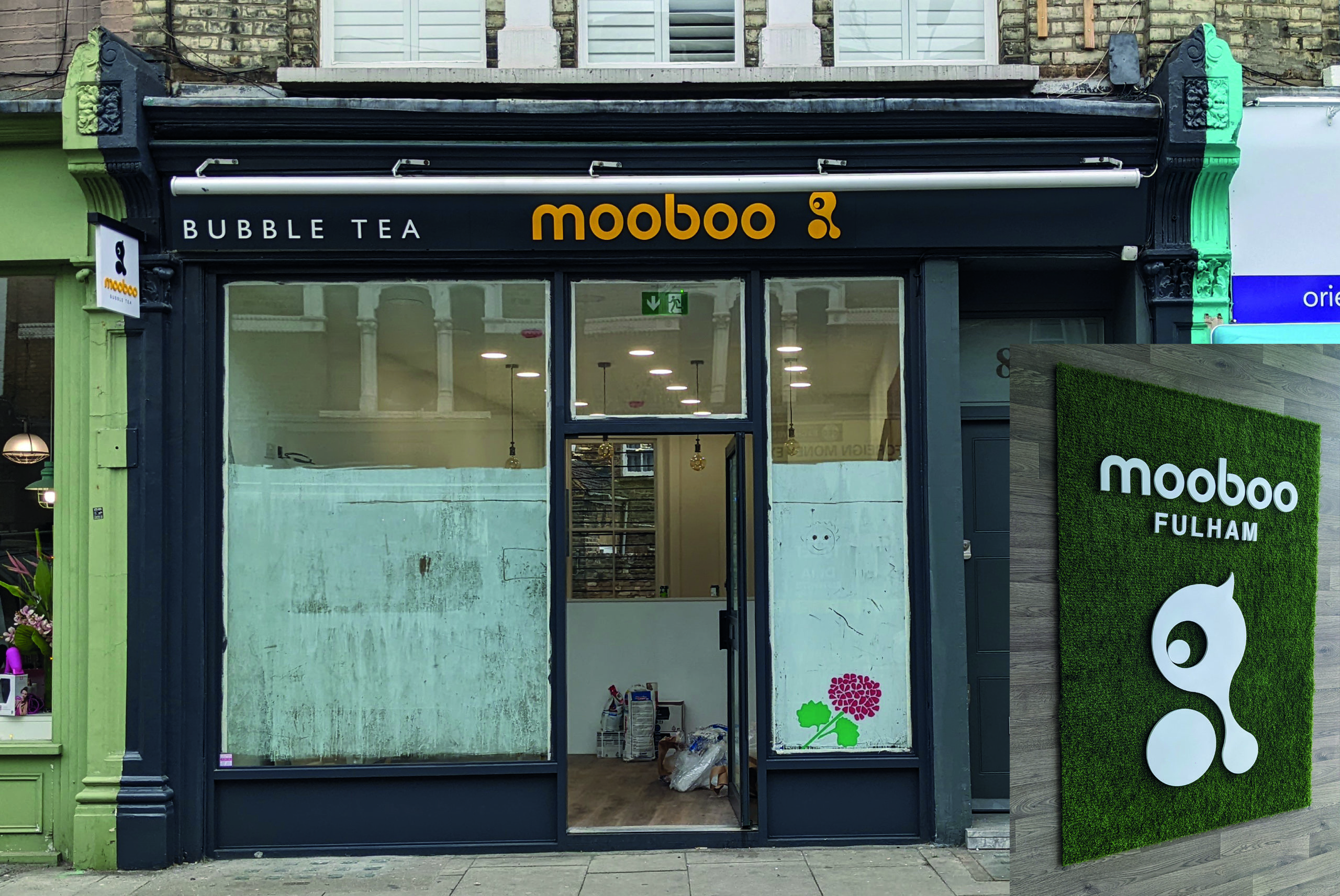 Mooboo Bubble Tea Shop Sign, Projecting Sign, Branded Artificial Grass